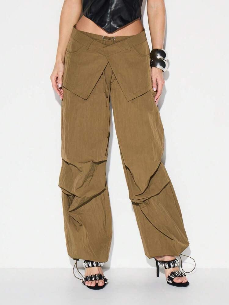 KIZN Khaki Layered Skirt Wrap Cargo Parachute Wide Leg Pants With Utility Pocket Details | SHEIN