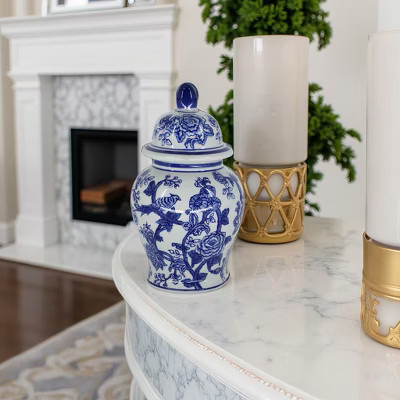 Sagebrook Home 10" Temple Jar - White and Blue Chinoiserie Design - Contemporary Glam Ceramic Temple Jar For Indoor | Target