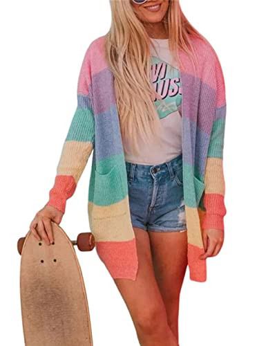 Hooever Women's Long Pastel Knitted Rainbow Striped Color Block Cardigan Sweater（Rainbow-S） | Amazon (US)