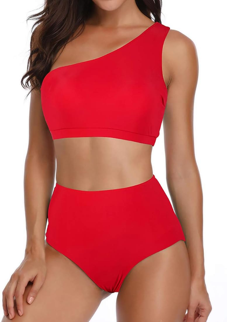 NAFLEAP Women One Shoulder Swimsuit High Waisted Bikini Set 2 Pieces Bathing Suit | Amazon (US)