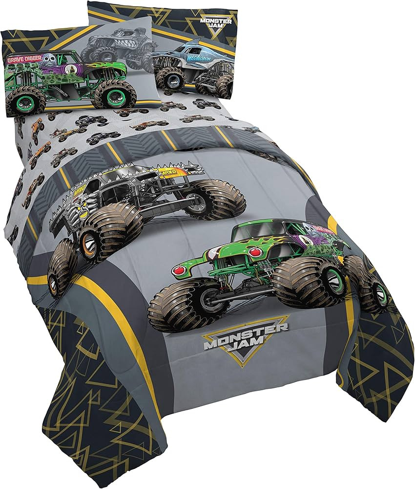 Jay franco Monster Jam MJ Life 4 Piece Twin Bed Set, Reversible Comforter & Sheet Set, Features G... | Amazon (US)