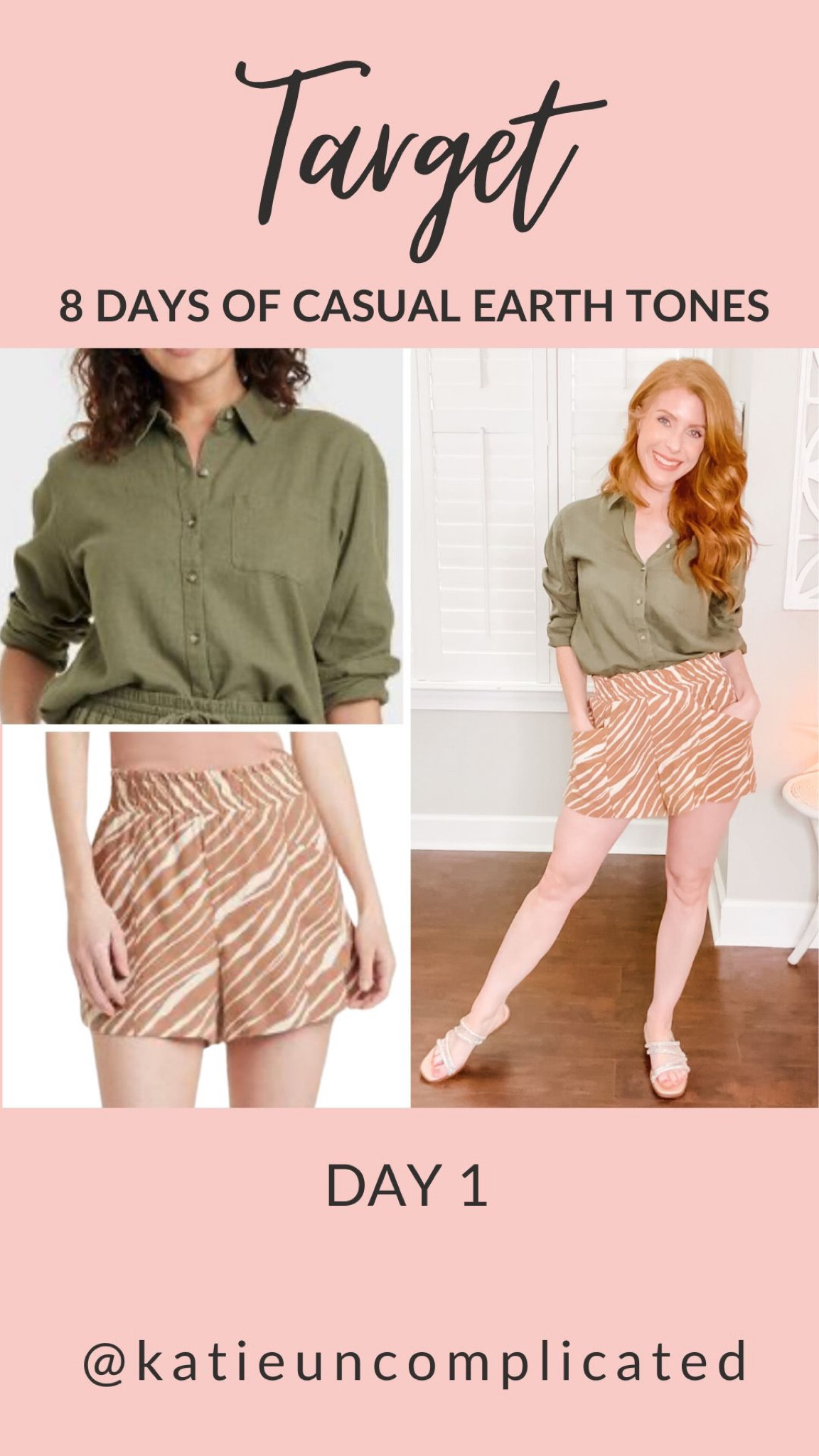 Casual Outfit with Earth Tones - petite friendly. Print shorts and button-up shirt from Target

#LTKtravel #LTKstyletip #LTKSeasonal