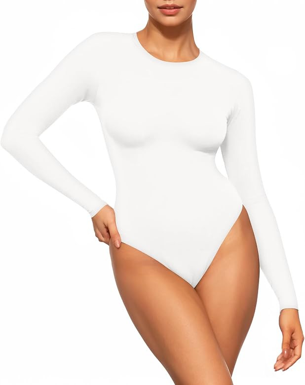 MANGOPOP Body Suits for Womens Crew Neck Long Sleeve Tops Bodysuit T Shirts Jumpsuit | Amazon (US)