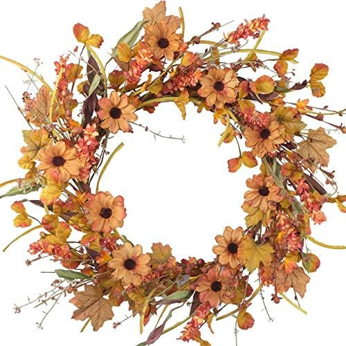 Amazon.com: Bibelot 20 inches Artificial Flowers Autumn Wreath Sunflower Silk Fake Daisy Chrysant... | Amazon (US)