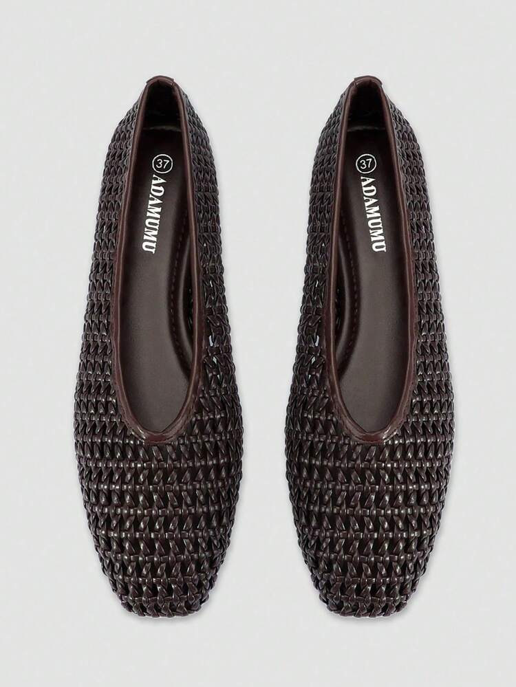 ADAMUMU Plus Size New Handmade PU Woven Low Vamp Flat Ballet Shoes For Women, Woven Texture Design, Vintage Luxury, Daily Commute Versatile Comfortable Women's Shoes | SHEIN
