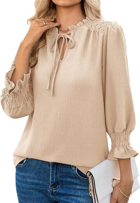 siliteelon Blouses for Women Dressy Casual 3/4 Length Sleeve Womens Tops Ruffle Collar Tie Front ... | Amazon (US)