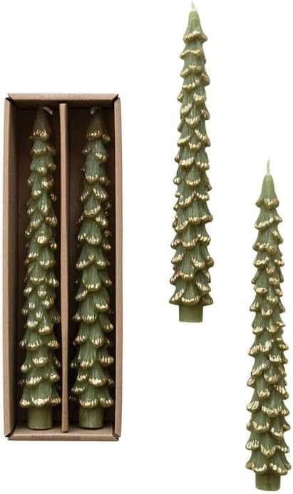 Creative Co-Op Golden-Tipped Elegance Tree Shaped Taper Candles, Evergreen, Set of 2 | Amazon (US)