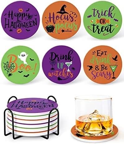 6Pcs Halloween Drink Coasters with Holder Absorbent Ceramic Coasters Cute Holiday Coasters with C... | Amazon (US)