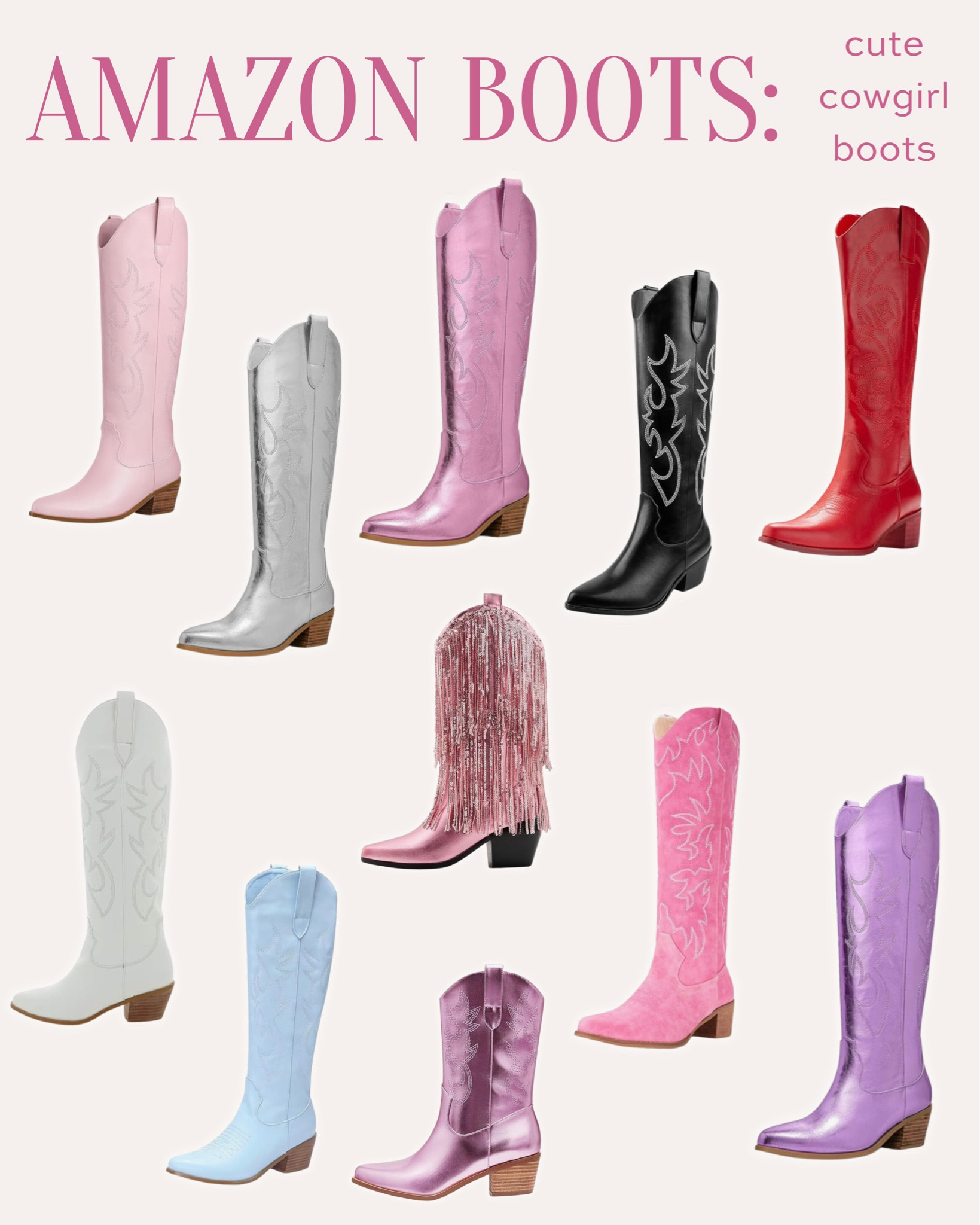 Amazon cowgirl boots!

Cowboy boots, western boots, colorful cowboy boots, metallic, metallic boots, metallic cowboy boots, metallic cowgirl boots, concert outfits, country concert outfit, cute boots, fun boots, tall boots, short boots, fringe boots, pink boots, red boots, blue boots, red cowboy boots, pink cowboy boots, purple cowboy boots, blue cowboy boots, silver cowboy boots, white cowboy boots, black cowboy bootss

#LTKShoeCrush #LTKSeasonal #LTKStyleTip