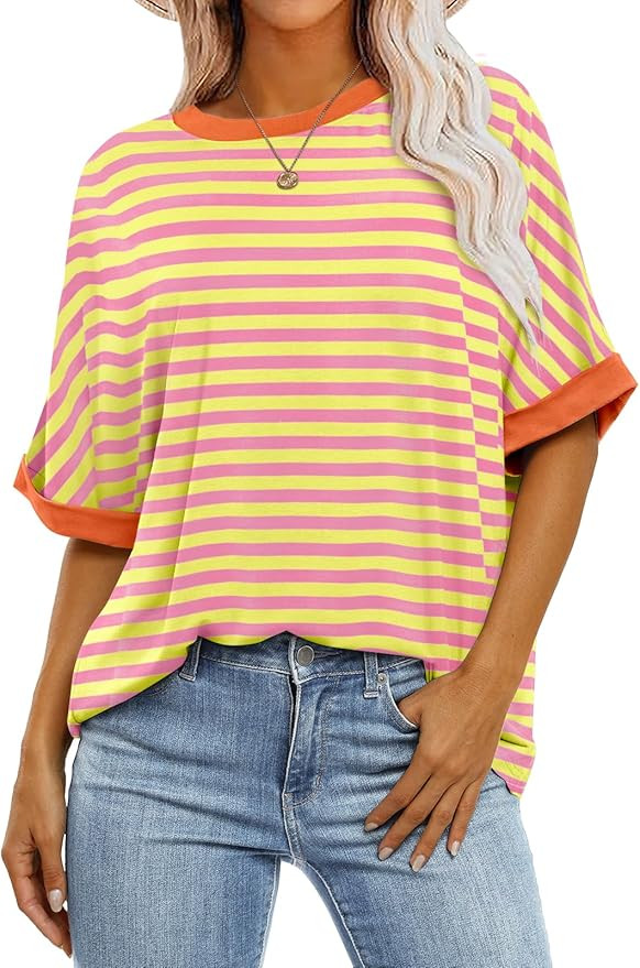 ANRABESS Women's Oversized T Shirts Striped Color Block Summer Tops Short Sleeve Crewneck Casual ... | Amazon (US)