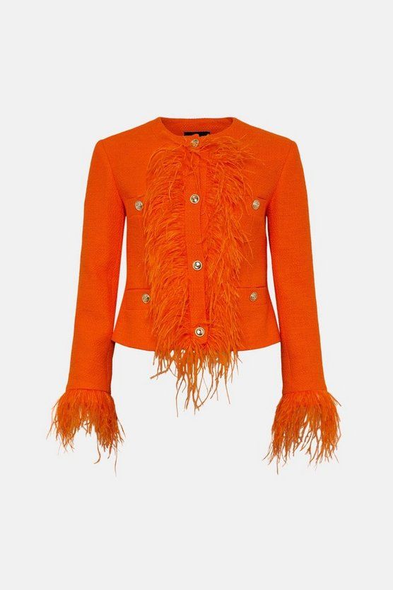 Boucle Feather Collarless Jacket | Karen Millen UK & IE