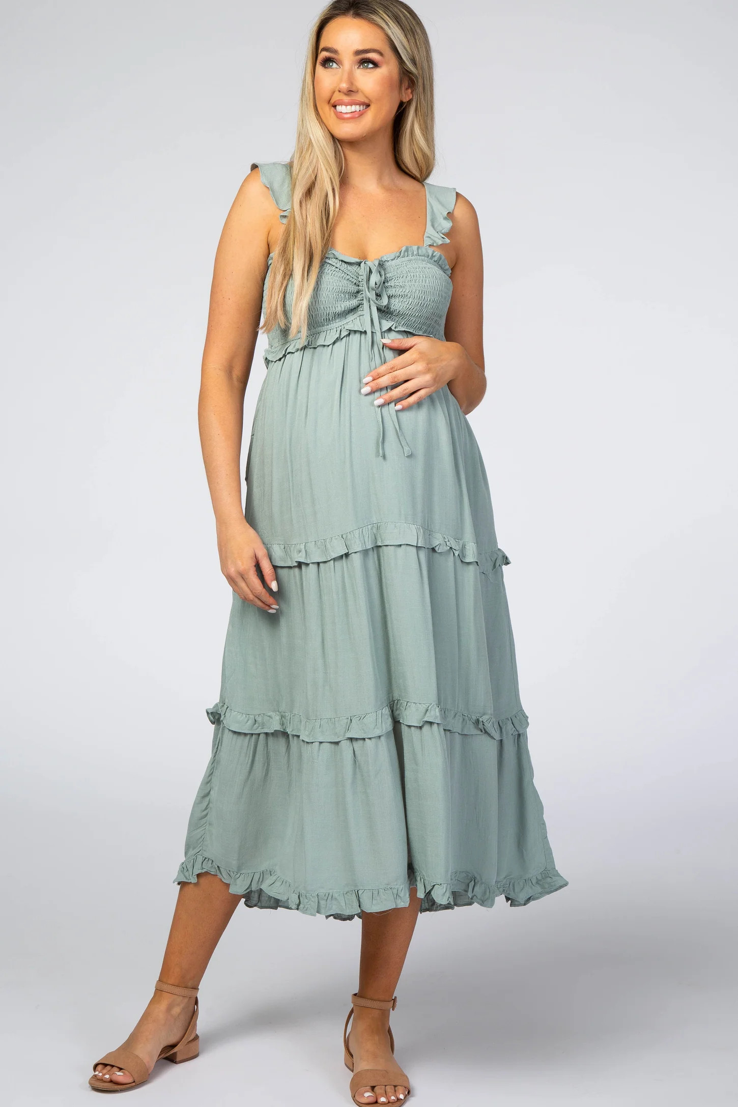 Dusty Mint Ruffle Tiered Maternity Midi Dress | PinkBlush Maternity