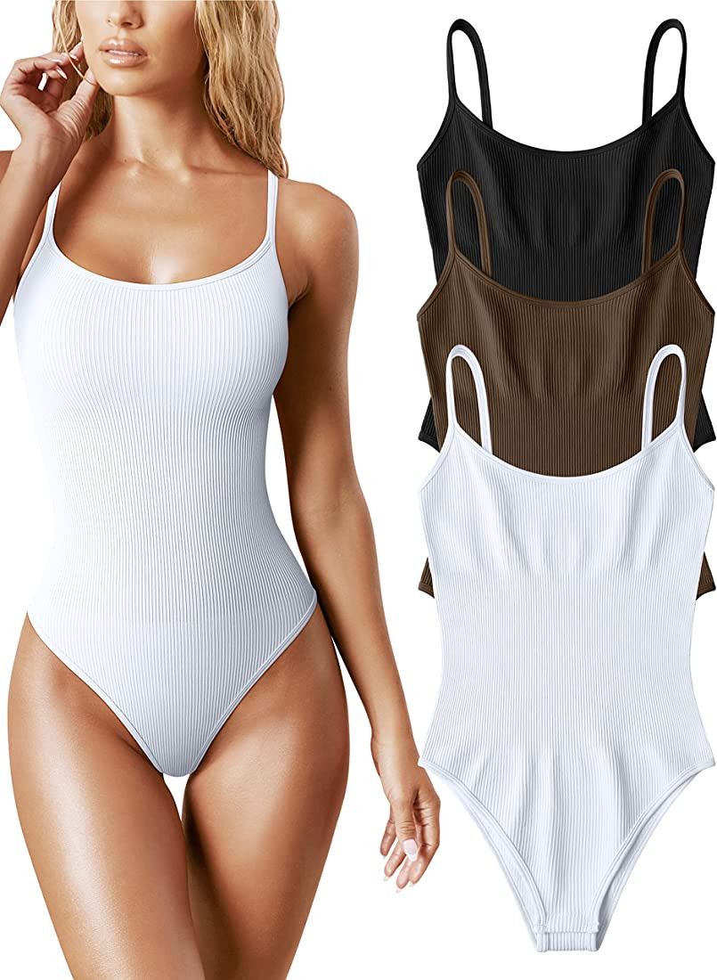 OQQ Women's 3 Piece Bodysuits Sexy Ribbed Sleeveless Adjustable Spaghetti Strip Tops Shapewear Bo... | Amazon (US)