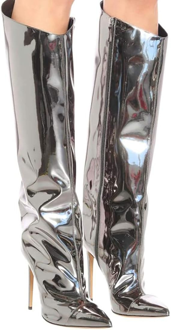 Amazon.com: YIYA Women's Patent Leather Knee High Boots Sexy Pointed Toe Stiletto High Heels Meta... | Amazon (US)