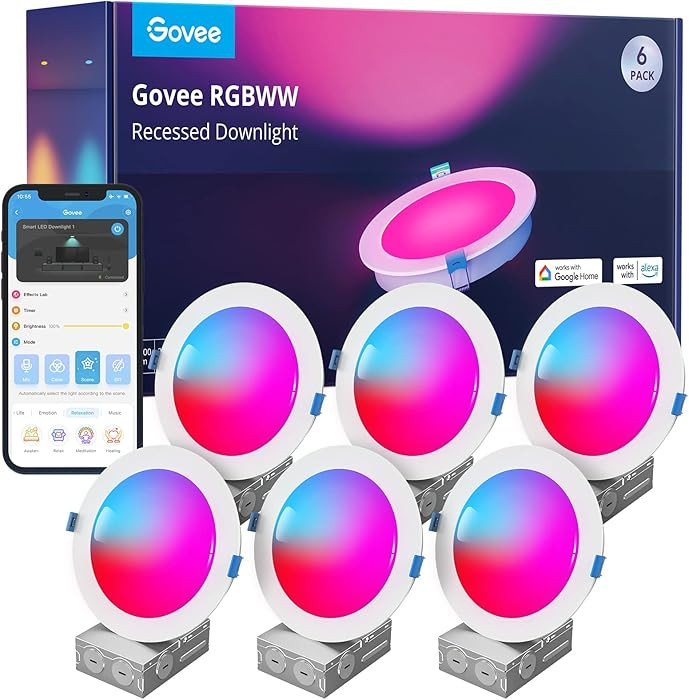 Govee 6 Inch Smart Recessed Lighting, Wi-Fi Bluetooth Direct Connect RGBWW LED Downlight, 65 Scen... | Amazon (US)