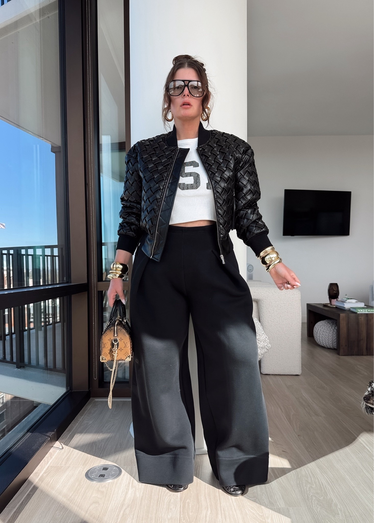 Woven faux leather bomber jacket
