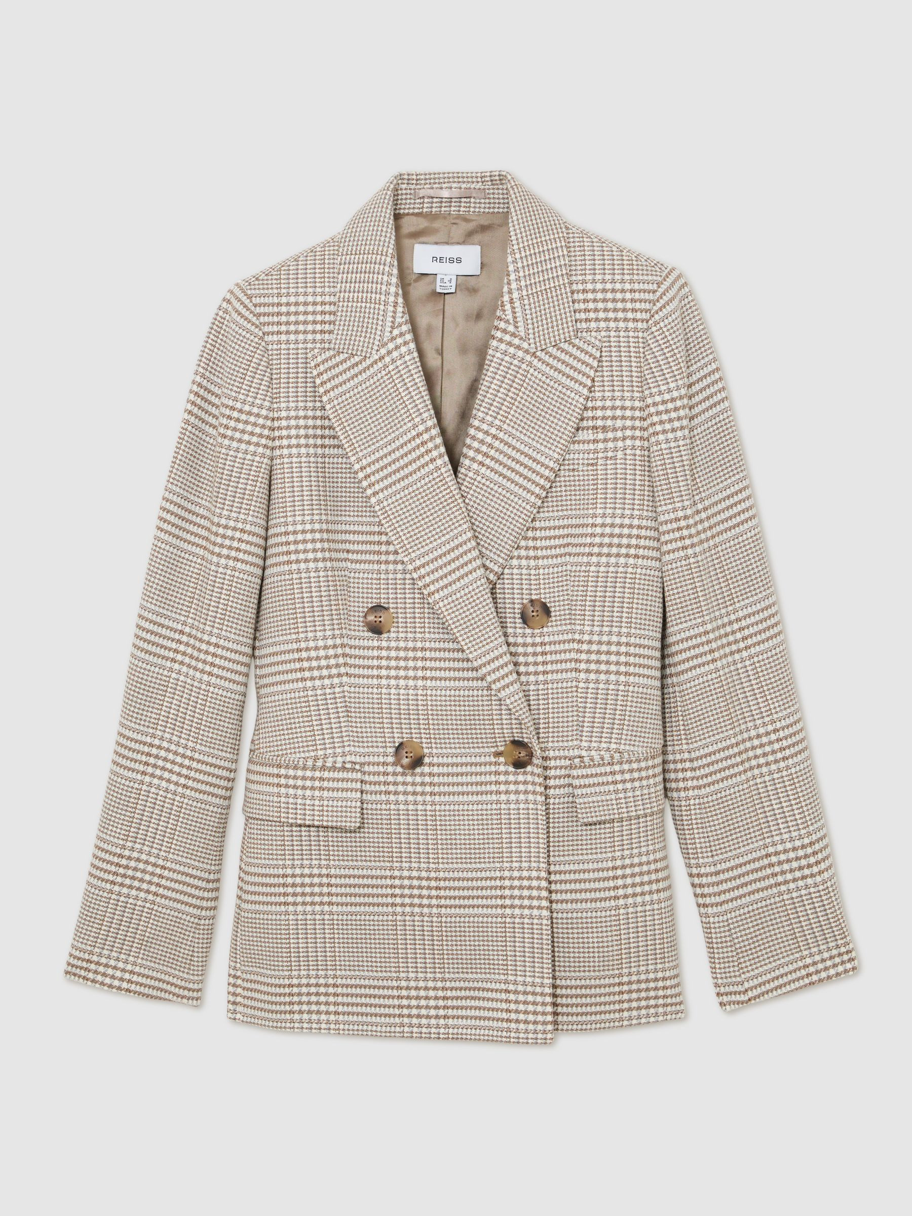 Reiss Double-Breasted Check Blazer Cotton-Linen in Neutral - REISS | Reiss UK