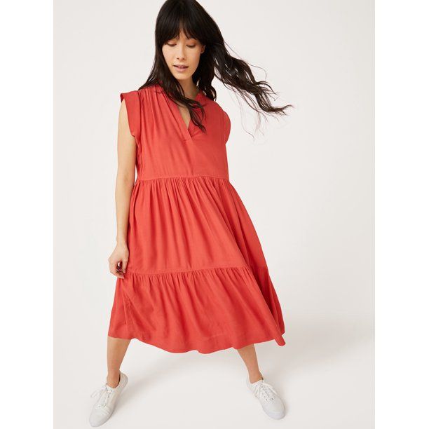 Free Assembly Women’s Short Sleeve Split Neck Midi Dress | Walmart (US)