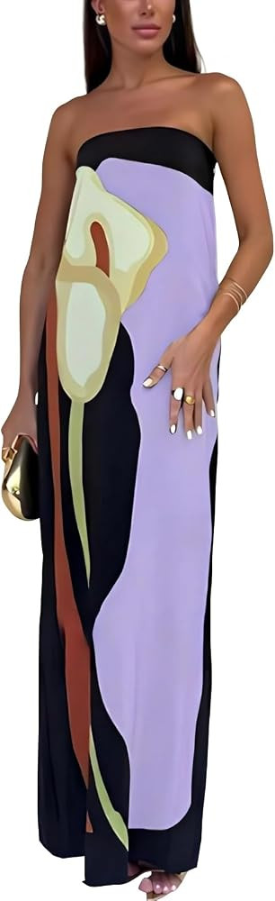 ACOSAP Women Y2k Strapless Maxi Dress Summer Backless Floral Long Tube Dress Off Shoulder Cocktai... | Amazon (US)