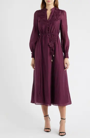 Ever New Yasmin Floral Appliqué Long Sleeve Midi Dress in Berry at Nordstrom Rack, Size 8 | Nordstrom Rack