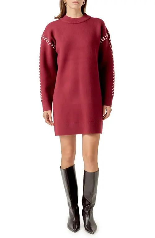 English Factory Whipstitch Long Sleeve Sweater Minidress in Burgundy/Pink at Nordstrom, Size Medium | Nordstrom