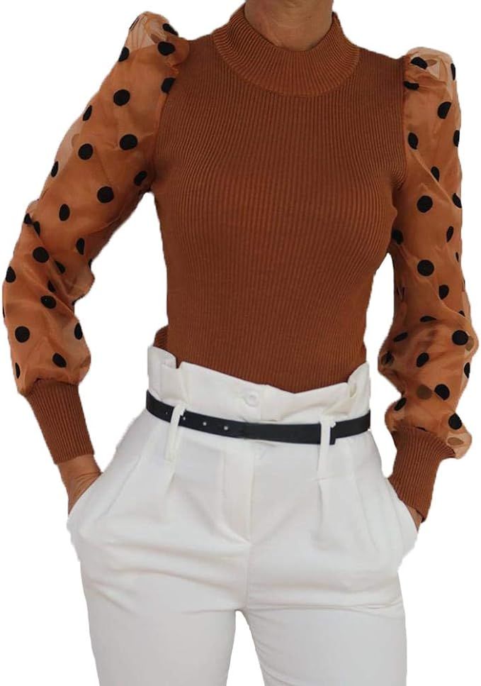 Women Sheer Mesh Puff Sleeve Long Blouse Polka Dots Mock Neck Slim Fit T Shirt Tops Party | Amazon (US)
