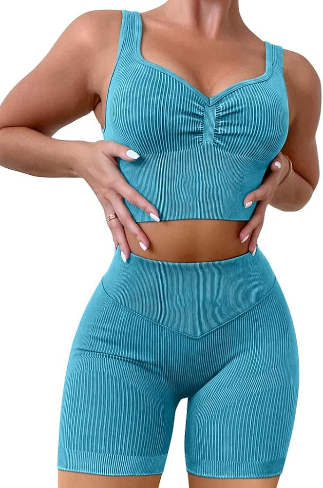 GXIN Workout Sets for Women 2 Piece Seamless Ribbed High Waist Running Shorts Gym Yoga Sports Bra Ex | Amazon (US)