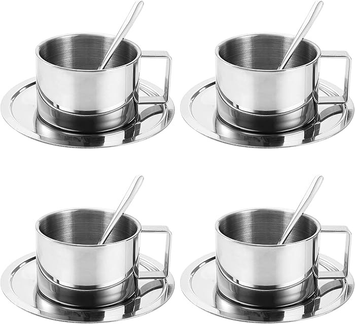 ZENFUN 4 Pack 6.8 oz Coffee Cups Set, 18/8 Stainless Steel Espresso Cup with Saucer and Spoon, Cu... | Amazon (US)