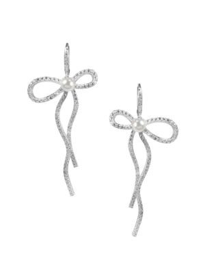 CZ by Kenneth Jay Lane Rhodium-Plated Mother-Of-Pearl Elongated Pavé Bow Earrings on SALE | Saks... | Saks Fifth Avenue OFF 5TH