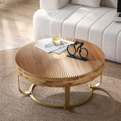 Gulches Modern Round Coffee Table with Wooden Carving Pattern - Golden Metal Legs, Solid Pine Top & Sturdy Frame, Easy Assembly | Target