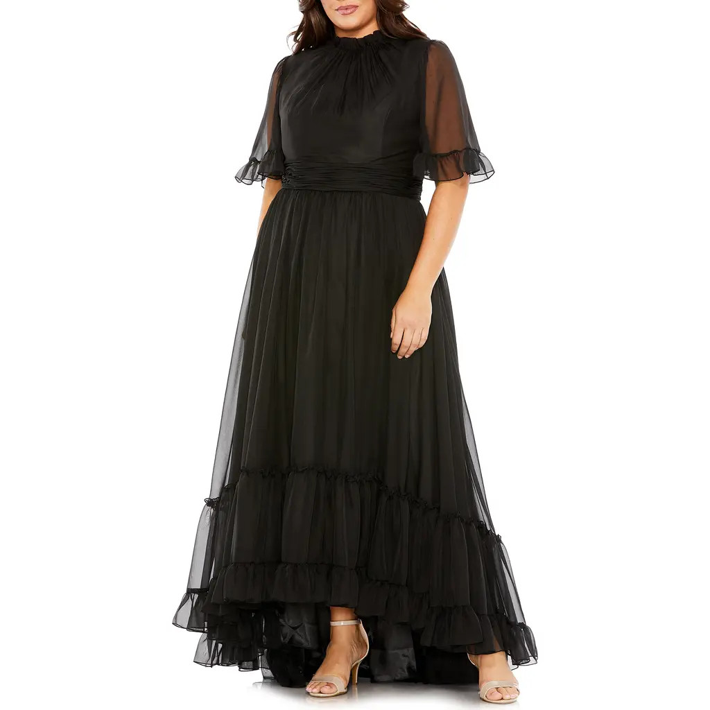 Mac Duggal Mock Neck Flutter Sleeve High Gown in Black at Nordstrom, Size 20W | Nordstrom