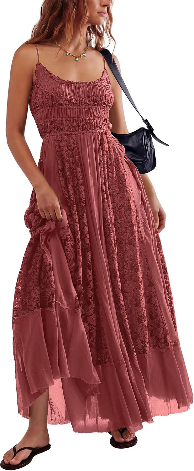 Gacaky Summer Dress for Women Casual Lace Floral Embroidered Bohemian Maxi Dress Flowy A Line Beach Long Dresses | Amazon (US)