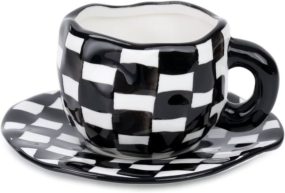Noviko Checkered Mug and Coaster Checkered Tea Cup with Saucer Novelty Ceramic Coffee Mug - 10 Ou... | Amazon (US)