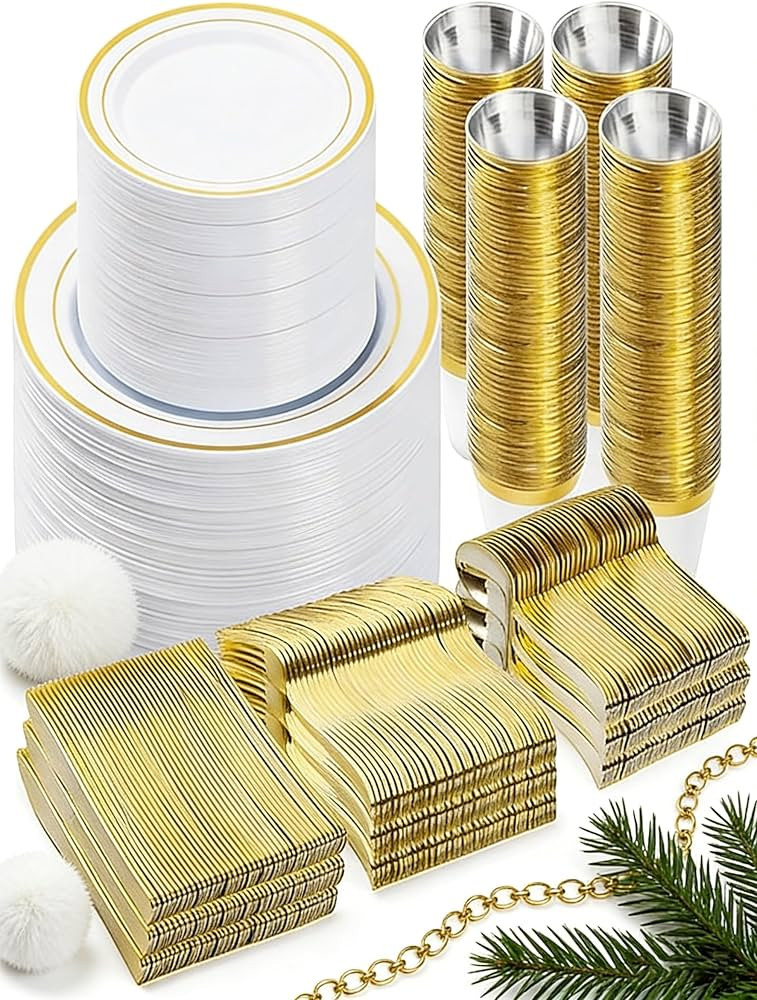 BESTVIP 600PCS Gold Dinnerware Set for 100 Guests, Plastic Plates for Party, 100 Gold Disposable ... | Amazon (US)