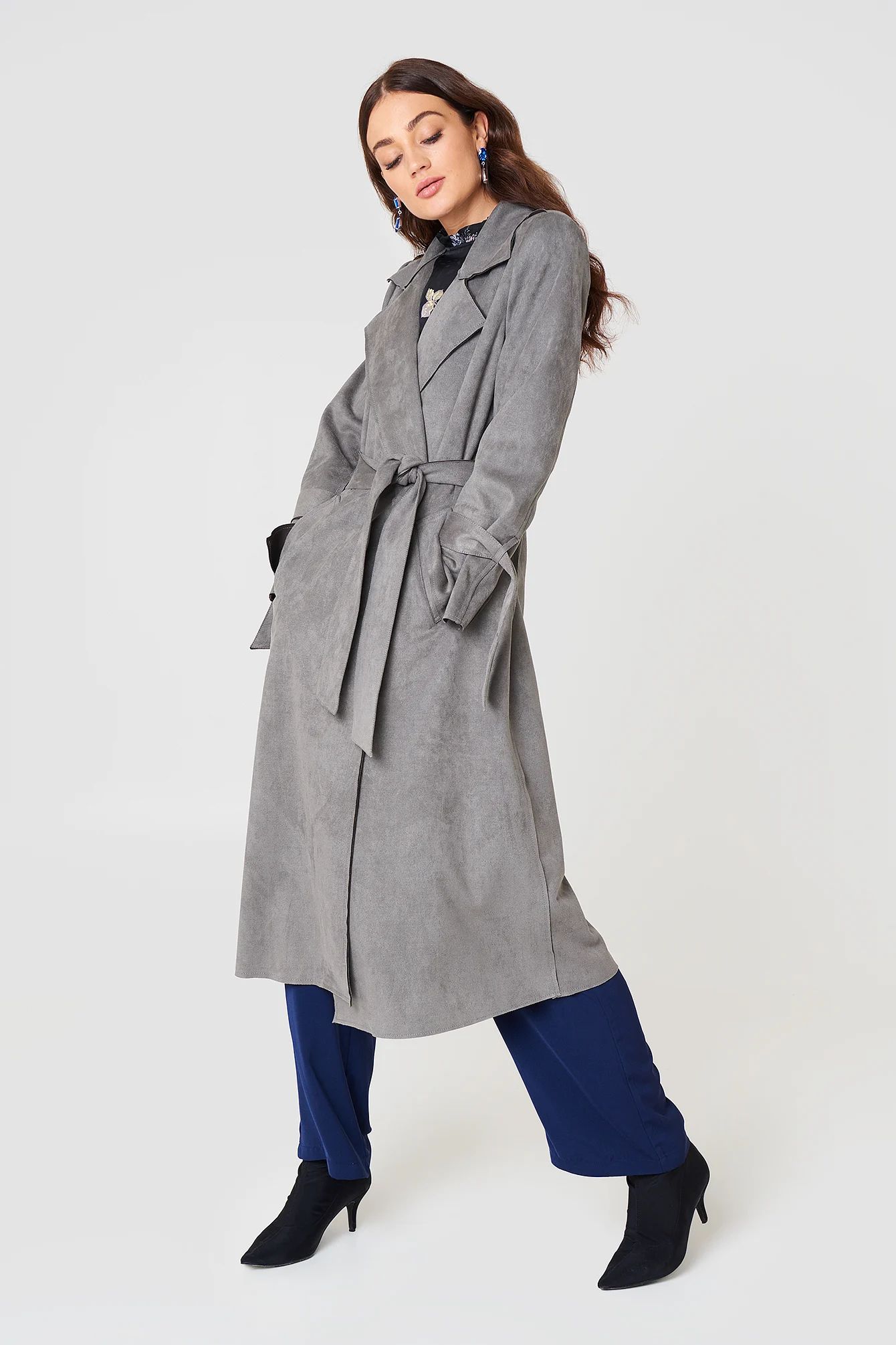 Faux Suede Bonded Trenchcoat Grey | NA-KD Global