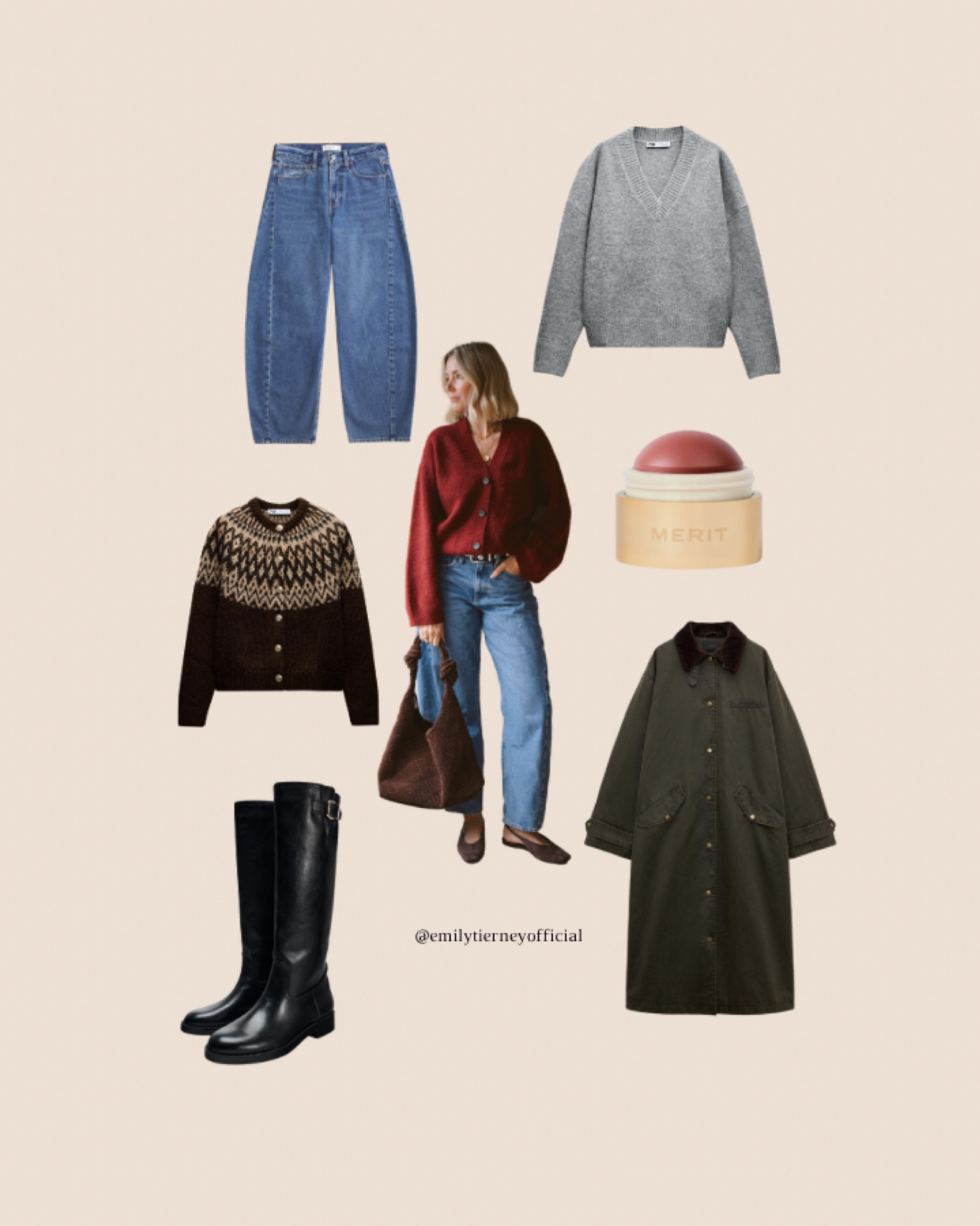 Barrel jeans 
Wax jacket 
Riding boots 
Fairisle cardigan 
Grey jumper 
Grey knit 
Merit cream blush 

#LTKwinter #LTKeurope #LTKuk