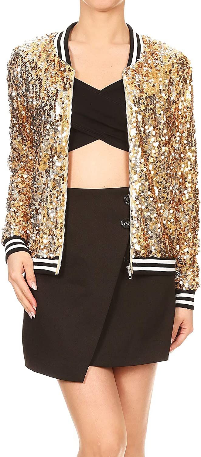 Anna-Kaci Womens Sequin Long Sleeve Front Zip Jacket with Ribbed Cuffs | Amazon (US)