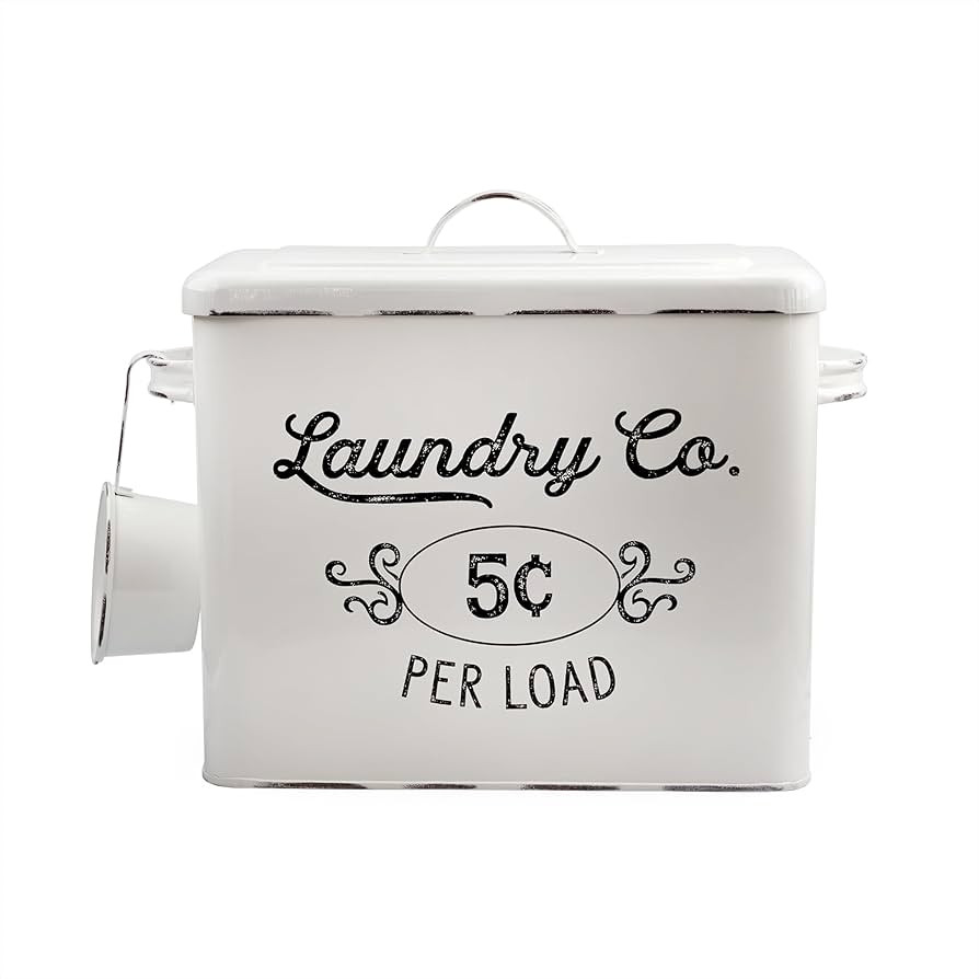 AuldHome Design Farmhouse Laundry Powder Container, White Enamelware Detergent Bin w/ Scoop | Amazon (US)