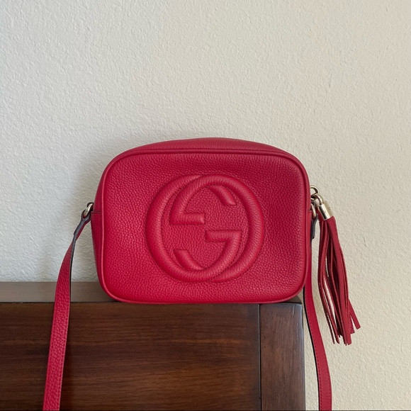 Gucci Genuine Soho GG Logo Camera Embroidered Red Pebble Leather Cross Body Bag | Poshmark