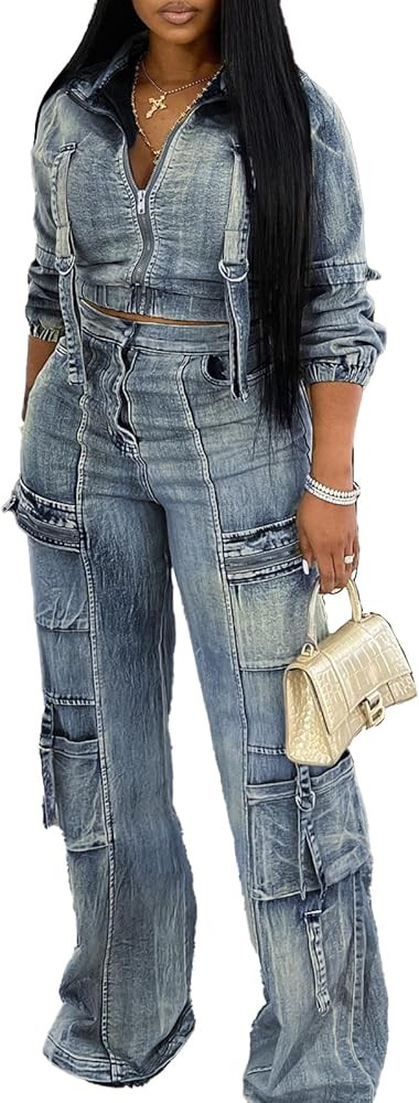 Molilove Women's Two Piece Denim Outfits Long Sleeve Cropped Jean Jacket Cargo Pants with Pockets... | Amazon (US)