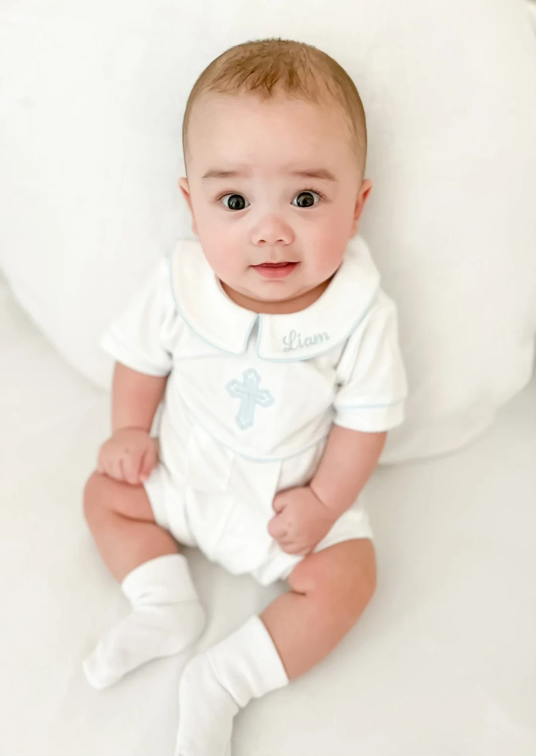 Aaron Baptism White W Blue Trim Outfit-baby Boy Christening Outfit-dedication-short Baptism Outfi... | Etsy (US)