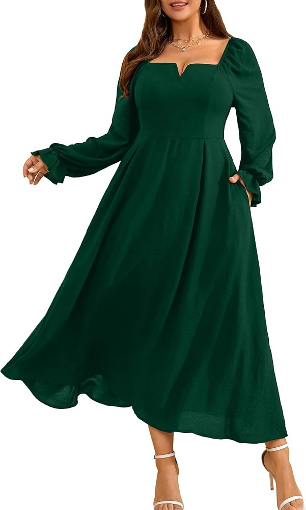 RWJ Long Sleeve Dress for Women 2025 Fall V Neck Elegant Flowy Plus Size Formal Wedding Guest Max... | Amazon (US)