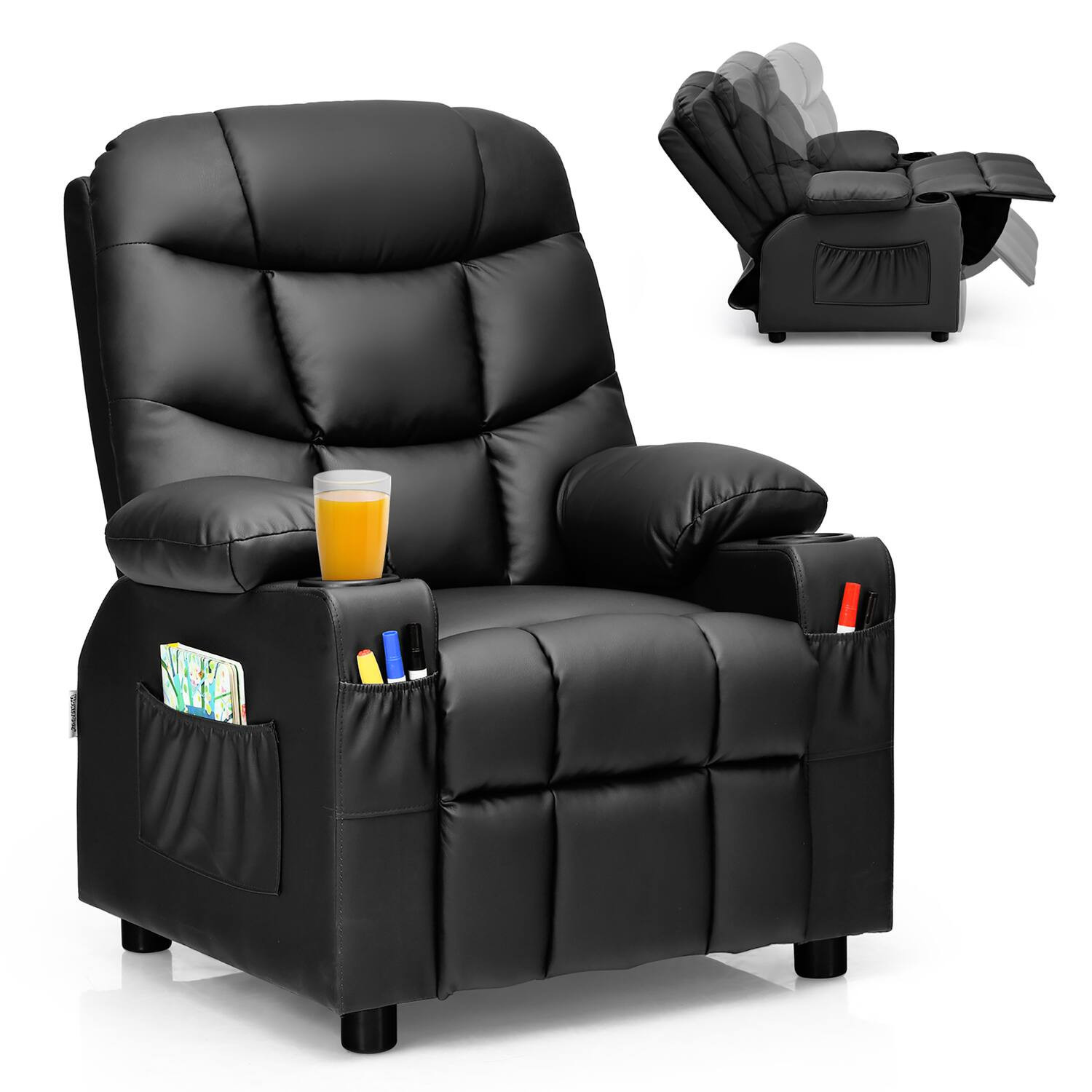 Costway - Kids Youth Recliner Chair PU Leather w/Cup Holders & Side Pockets - Black | Best Buy U.S.