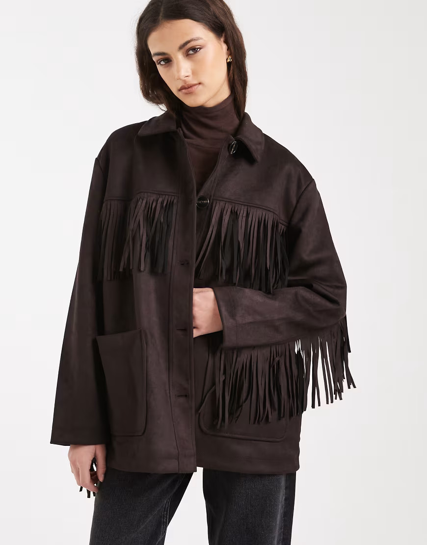 ONLY boho fringe detail faux suede jacket in chocolate brown | ASOS (Global)
