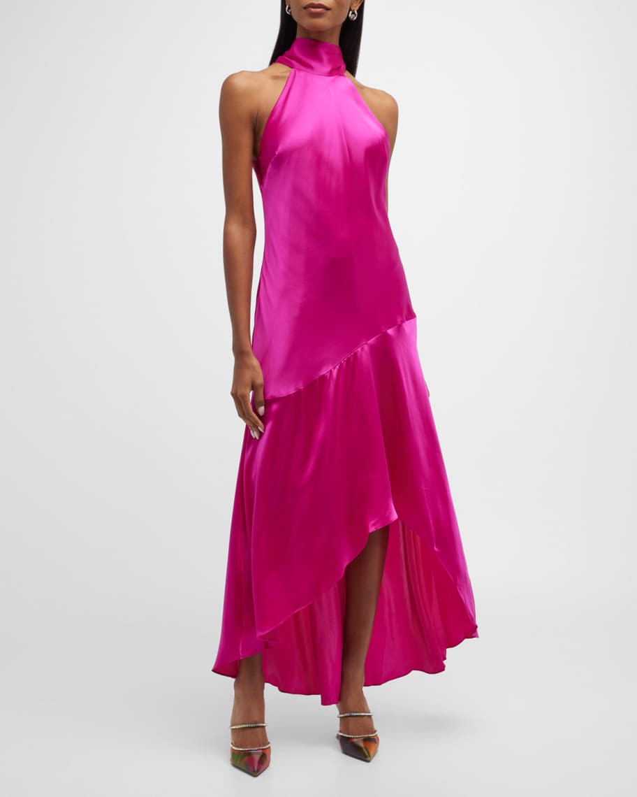 FRAME Silk High-Low Halter Midi Dress | Neiman Marcus