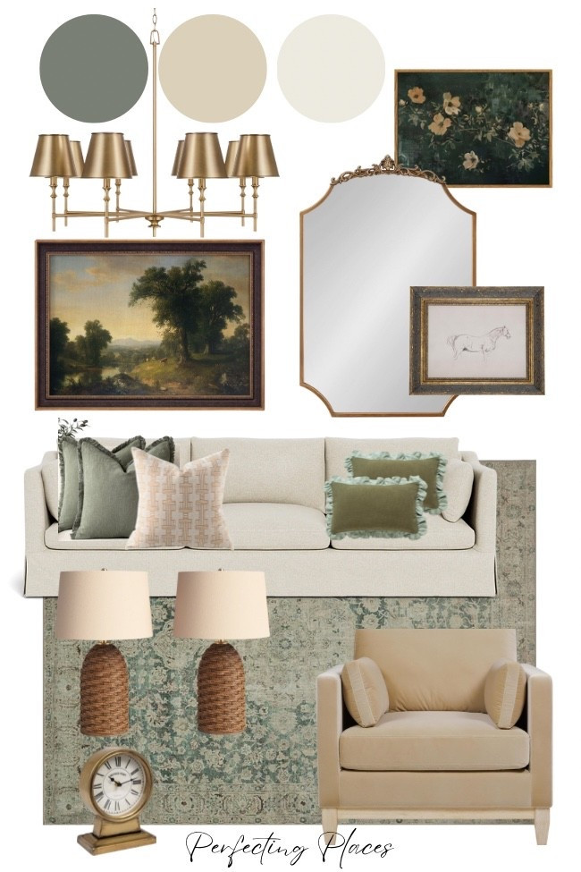 This timeless rich green and warm beige living room design is the perfect classic look. Featuring a Loloi area rug, Interior Define custom sofa, cozy arm chair, moody classic art. Antique brass accents with mirror, clock, and antiqued brass chandelier.

#LTKStyleTip #LTKHome