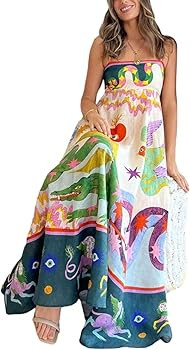 Women Graffiti Printed Maxi Cami Dress Square Neck Sleeveless Spaghetti Strap Boho Dress Flowy Sw... | Amazon (US)