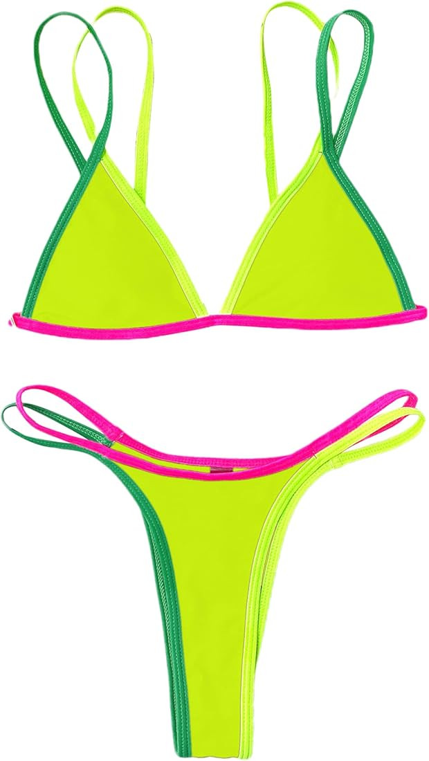Remidoo Women's Sexy Color Block High Cut Triangle Thong Bikini Set 2 Piece Swimsuits | Amazon (US)