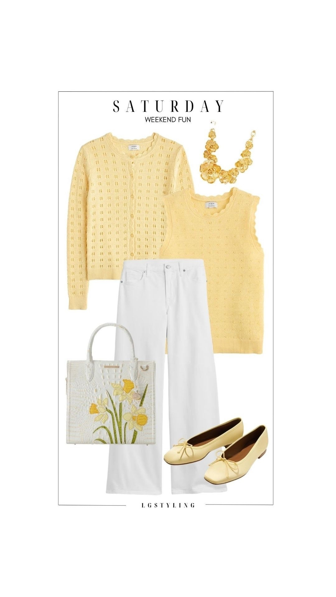 SATURDAY – Weekend Fun

Light, fresh, and easy for the weekend. A soft yellow knit set layered over white denim feels bright and effortless, paired with matching ballet flats and a floral-embellished tote. The perfect blend of comfort and polish.
#LTKWeekend #SpringStyle #CasualChic #WeekendOutfit #FreshStyle #LightLayers #LTKUnder100 #EverydayChic #StyleInspo

 