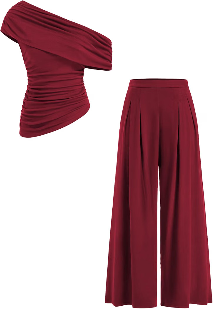 CIDER Womens Wide Leg Trousers Set Ruched Asymmetric Neck | Amazon (US)